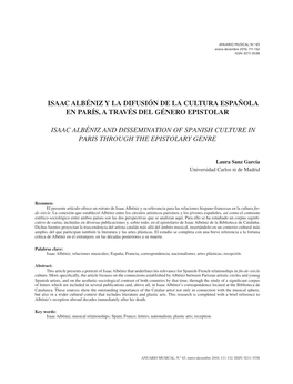 Isaac Albéniz Y La Difusión De La Cultura Española En París, a Través Del Género Epistolar