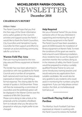 NEWSLETTER December 2018 CHAIRMAN’S REPORT