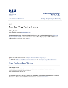 Mutable Class Design Pattern Nikolay Malitsky Nova Southeastern University, Nmalitsky@Gmail.Com