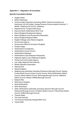 Appendix C – Regulation 18 Consultees Specific Consultation Bodies • Anglian Water • British Waterways • Communication O