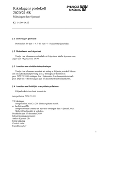 Riksdagens Protokoll 2020/21:58 Måndagen Den 4 Januari