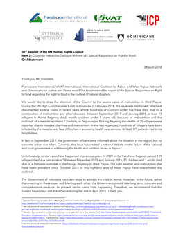 37Th Session of the UN Human Rights Council Item 3: Clustered Interactive Dialogue with the UN Special Rapporteur on Right to Food Oral Statement