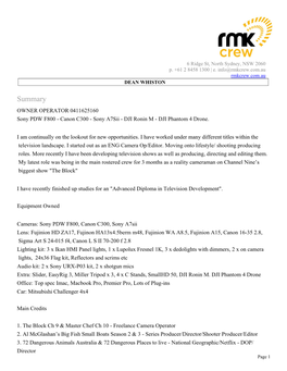 Summary OWNER OPERATOR 0411625160 Sony PDW F800 - Canon C300 - Sony A7sii - DJI Ronin M - DJI Phantom 4 Drone