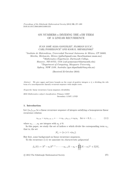 ON NUMBERS N DIVIDING the Nth TERM of a LINEAR RECURRENCE