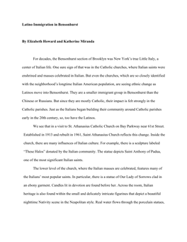 Latino Immigration in Bensonhurst by Elizabeth Howard and Katherine Miranda for Decades, the Bensonhurst Section of Brooklyn W