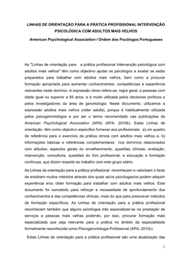 Linhas De Orientação Para a Prática Profissional Intervenção Psicológica Com Adultos Mais Velhos