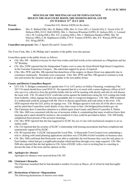 07-31-18 Tc Mins Minutes of the Meeting of Louth Town Council Held in the Old Court Room, the Sessions House, Louth on Tuesday 3