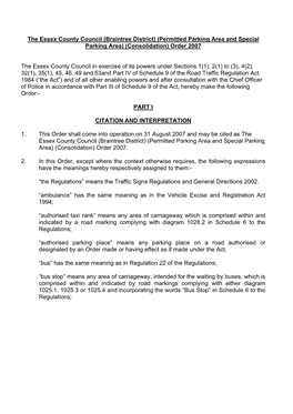 Braintree District) (Permitted Parking Area and Special Parking Area) (Consolidation) Order 2007