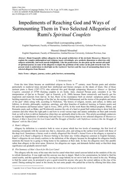 Impediments of Reaching God and Ways of Surmounting Them in Two Selected Allegories of Rumi's Spiritual Couplets