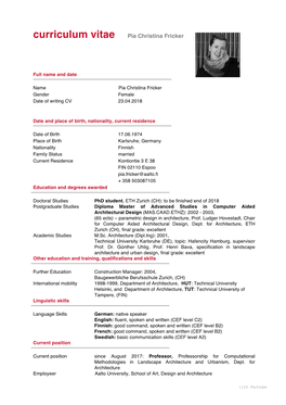 Curriculum Vitae Pia Christina Fricker