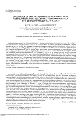 OCCURRENCE of EARLY CARBONIFEROUS HIGH'zr RHYOLITES, COBEQUID HIGHLANDS. NOVA SCOTIA