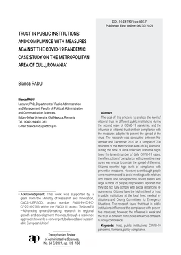 TRUST in PUBLIC INSTITUTIONS and COMPLIANCE with MEASURES AGAINST the COVID-19 PANDEMIC
