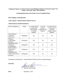 Endangered Species Act (ESA) Section 7(A)(2) Biological Opinion and Section 7(A)(2) 