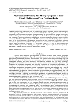 Phytochemical Diversity and Micropropagation of Paris Polyphylla Rhizomes from Northeast India