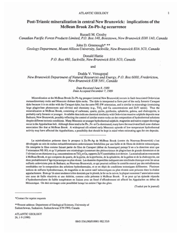 Post-Tviassic Mineralization in Central New Brunswick: Implications of the Mcbean Brook Zn-Pb-Ag Occurrence