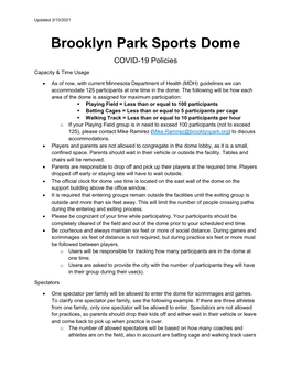 Brooklyn Park Sports Dome COVID-19 Policies