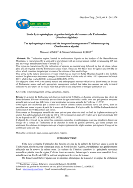 Etude Hydrogéologique Et Gestion Intégrée De La Source De Tinibaouine (Nord-Est Algérien)
