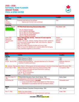 2020 – 2028 National Team Planner Senior Teams Pool & Open Water