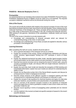 PHAS0103 – Molecular Biophysics (Term 1)