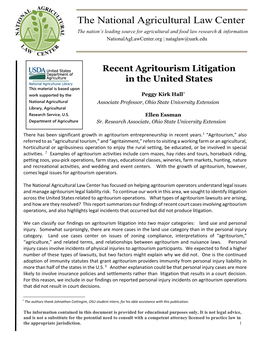 The National Agricultural Law Center the Nation’S Leading Source for Agricultural and Food Law Research & Information Nationalaglawcenter.Org | Nataglaw@Uark.Edu