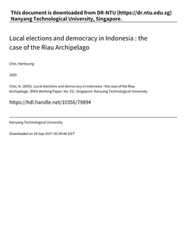Local Elections and Democracy in Indonesia : the Case of the Riau Archipelago