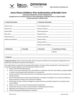 Janus Kinase Inhibitors Prior Authorization of Benefits Form