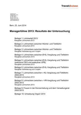 Managerlöhne 2013: Resultate Der Untersuchung