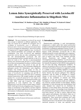 Lemon Juice Synergistically Preserved with Lactobacilli Ameliorates Inflammation in Shigellosis Mice