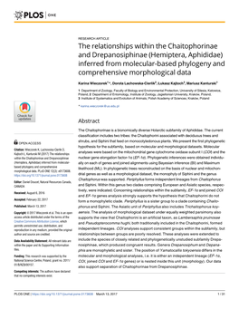 Hemiptera, Aphididae) Inferred from Molecular-Based Phylogeny and Comprehensive Morphological Data