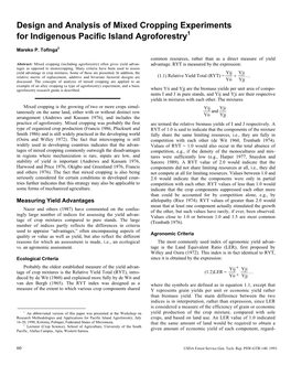 Design and Analysis of Mixed Cropping Experiments for Indigenous Pacific Island Agroforestry1