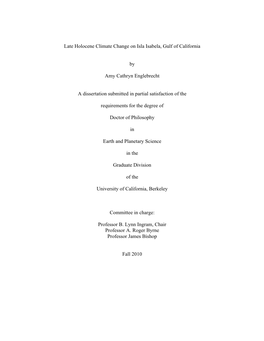 Late Holocene Climate Change on Isla Isabela, Gulf of California By