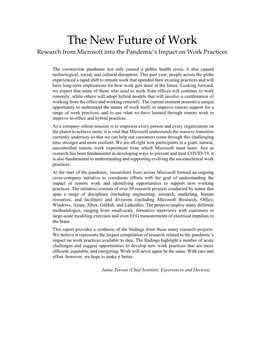 The New Future of Work Research from Microsoft Into the Pandemic’S Impact on Work Practices