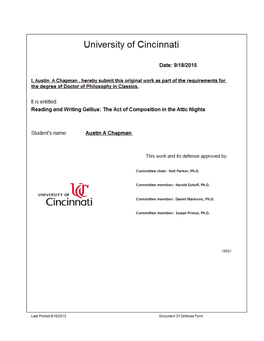 Reading and Writing Gellius: the Act of Composition in the Attic Nights by Austin Chapman M.A