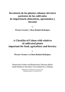 Inventario De Las Plantas Cubanas Silvestres Parientes De Las Cultivadas De Importancia Alimenticia, Agronómica Y Forestal