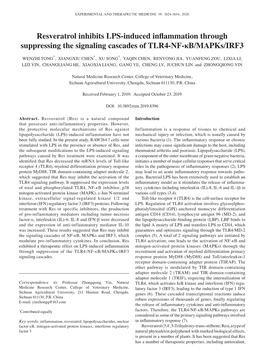 Resveratrol Inhibits LPS‑Induced Inflammation Through Suppressing the Signaling Cascades of TLR4‑NF‑Κb/Mapks/IRF3