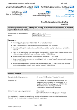 New Medicines Committee Briefing July 2015 Avanafil (Spedra®) 50Mg, 100Mg and 200Mg Oral Tablets for Treatment of Erectile Dysfunction in Adult Males