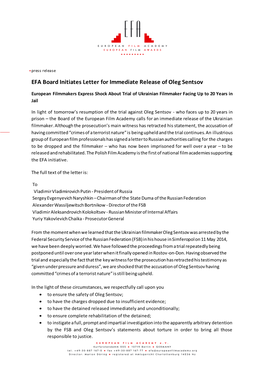 EFA Board Initiates Letter for Immediate Release of Oleg Sentsov