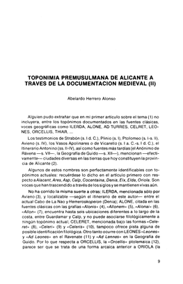 Toponimia Premusulmana De Alicante a Través De La Documentación Medieval (Ii)