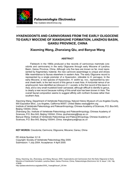 Hyaenodonts and Carnivorans from the Early Oligocene to Early Miocene of Xianshuihe Formation, Lanzhou Basin, Gansu Province, China