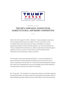 Trump Campaign Announces Agricultural Advisory Committee