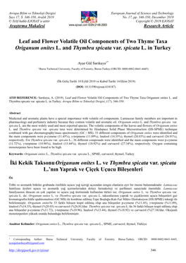 Leaf and Flower Volatile Oil Components of Two Thyme Taxa Origanum Onites L