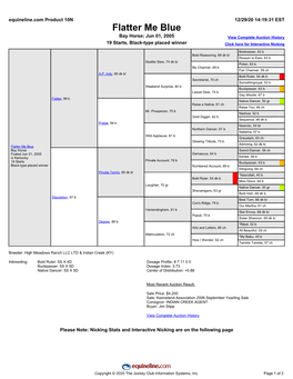 Flatter Me Blue Bay Horse; Jun 01, 2005 View Complete Auction History 19 Starts, Black-Type Placed Winner Click Here for Interactive Nicking