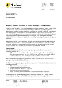 Tillatelse - Utsetting Av Settefisk Av Ørret I Langvatnet - Vefsn Kommune