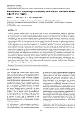 Biosystematics, Morphological Variability and Status of the Genus Khaya in South West Nigeria