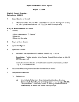 City of Quinte West Council Agenda August 12, 2019 City Hall Council