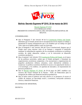 Bolivia: Decreto Supremo Nº 2310, 25 De Marzo De 2015