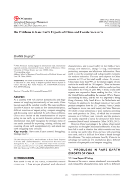 On Problems in Rare Earth Exports of China and Countermeasures