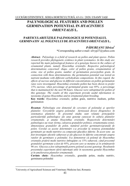 Palynological Features and Pollen Germination Potential in Hyacinthus Orientalis L