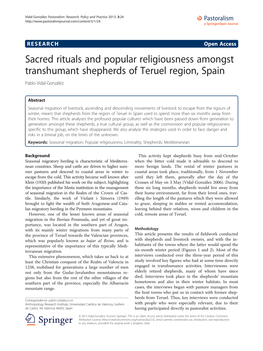 Sacred Rituals and Popular Religiousness Amongst Transhumant Shepherds of Teruel Region, Spain Pablo Vidal-González