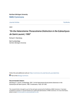 On the Heterotreme-Thoracotreme Distinction in the Eubrachyura De Saint-Laurent, 1980